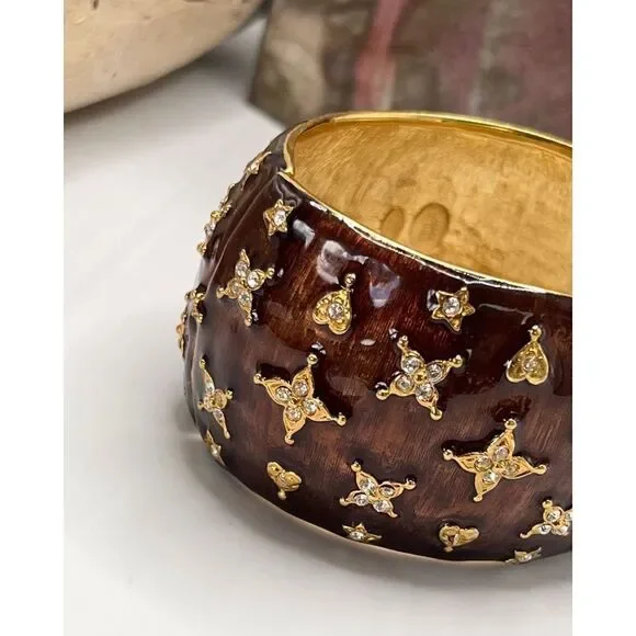 Bronze Enamel Gold & Crystal Kenneth Jay Lane Hearts & Star Bangle Bracelet - Picture 15 of 16
